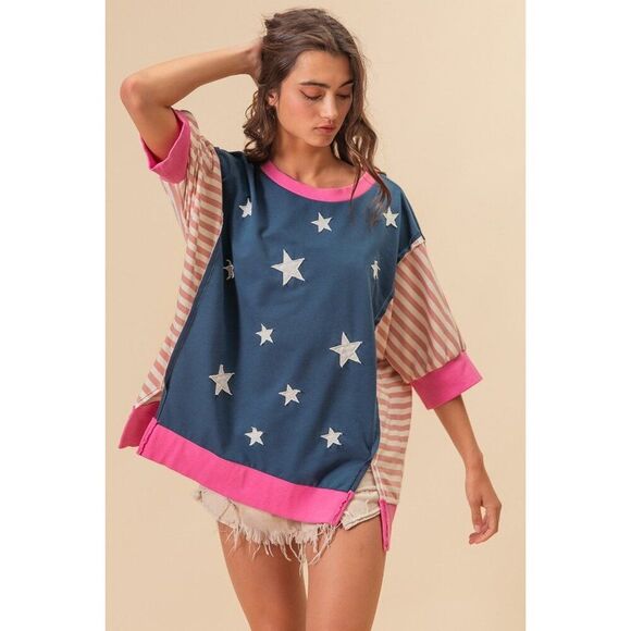 BiBi US Flag Theme Color Block Star Patch T-Shirt - Picture 4 of 4
